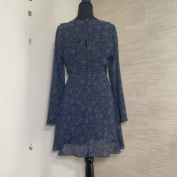 Women's Size 10 Yours Truly Navy Polka Dot Ruffled Neck Long Sleeve Dress - Picture 7 of 11